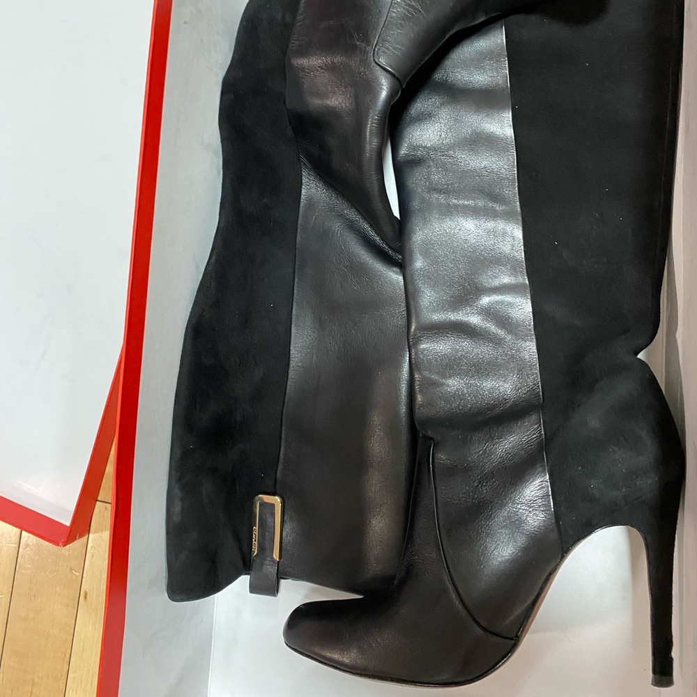 Black Suede Coach Heeled Boots